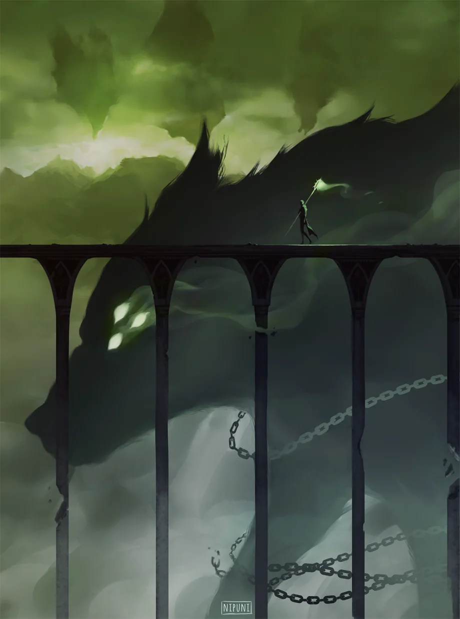 Vanallak, la Bête des Brumes, derrière un pont enchaîné